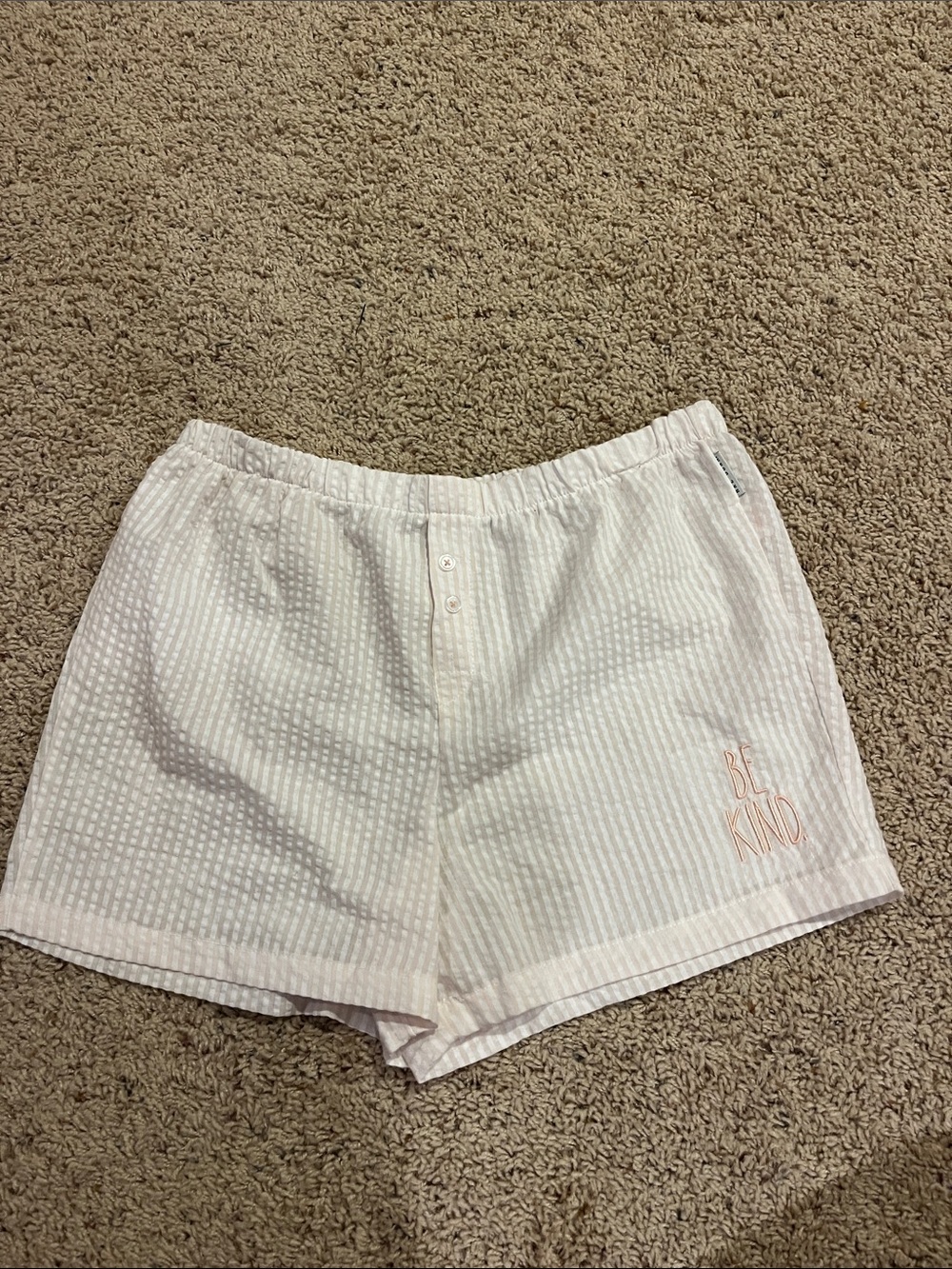 Rae Dunn White Seersucker Shorts with Pink 'Be Kind' Embroidery